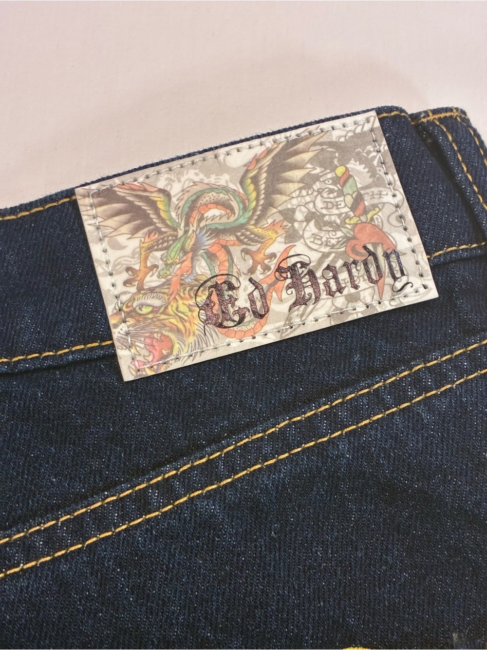 Ed Hardy Black Jeans with Yellow Script and Multicolor Skull - Picture 9 of 11
